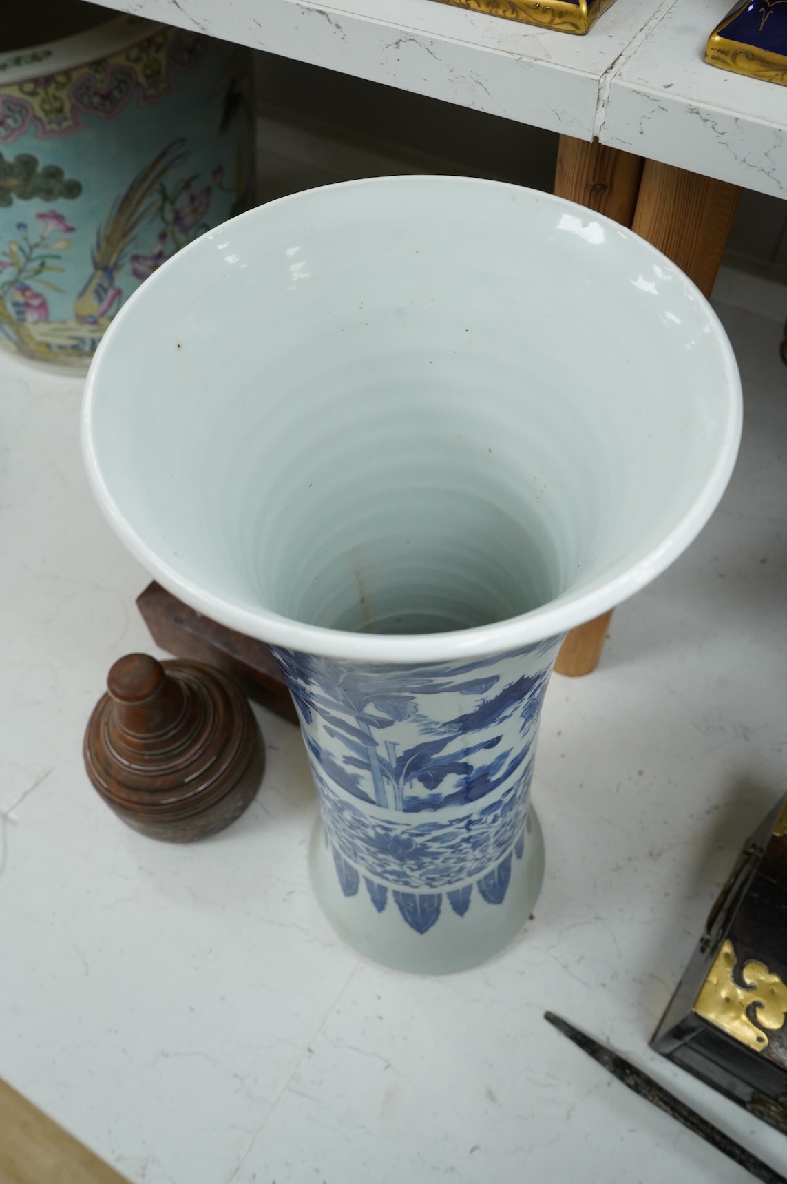 A large Chinese blue and white beaker vase, 45cm high